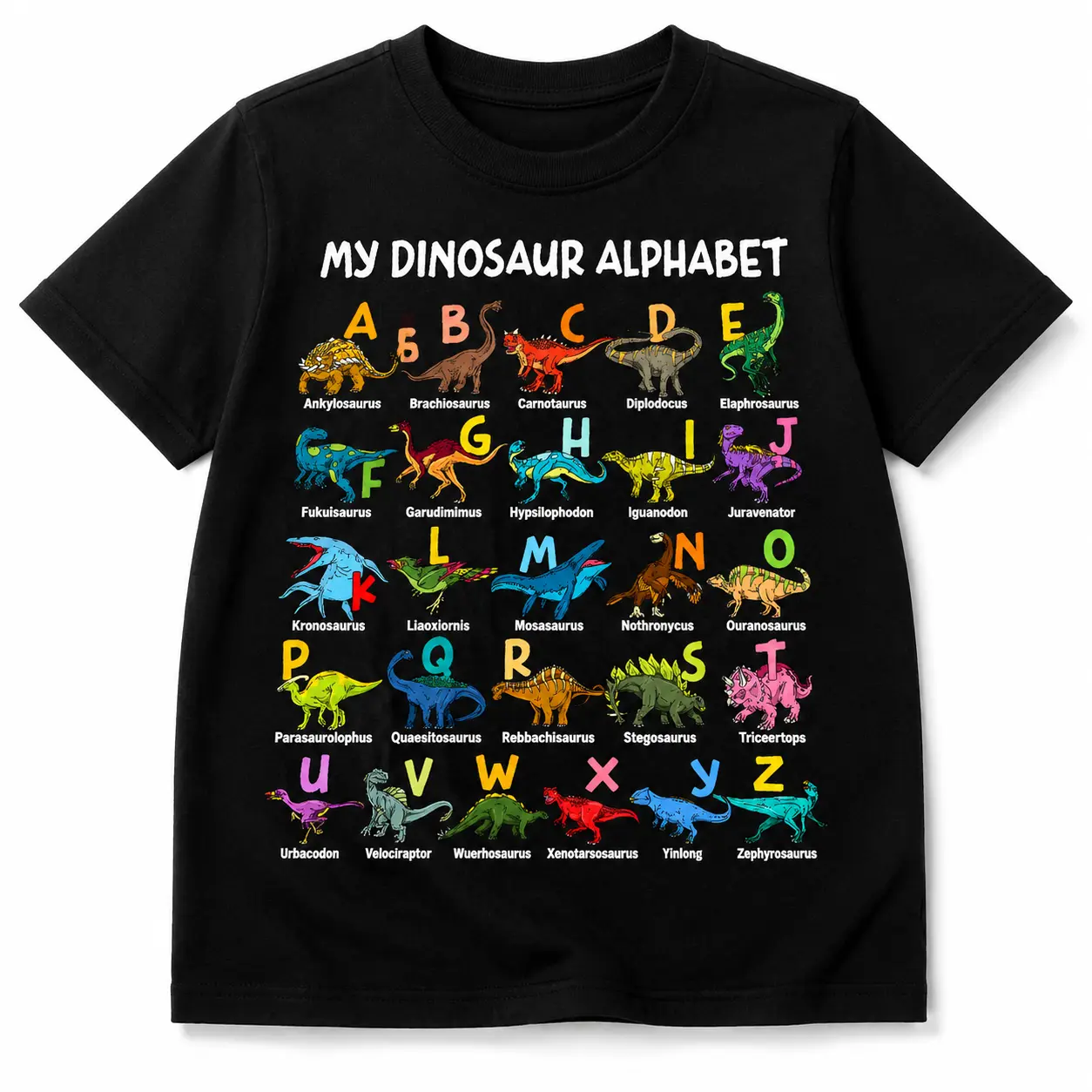 Boys' Summer Cotton Graphic T-Shirt, Stylish Cartoon Dinosaur Print with "My DINOSAUR ALPHABET" Lettering, Kids' Sleepwear & Casual Clothes, Cotton Shirt, Graphic Print Shirt