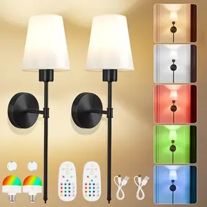 2 Pcs Rechargeable Wireless Wall Lights - 9 Color Changing Dimmable Battery Operated Wall Lamps with Fabric Lampshade, Remote Control, Type C Cables, Double Sided Tape - Home House Decor, Bathroom Decor Ideas Ambient Lighting for Bedroom, Living Room