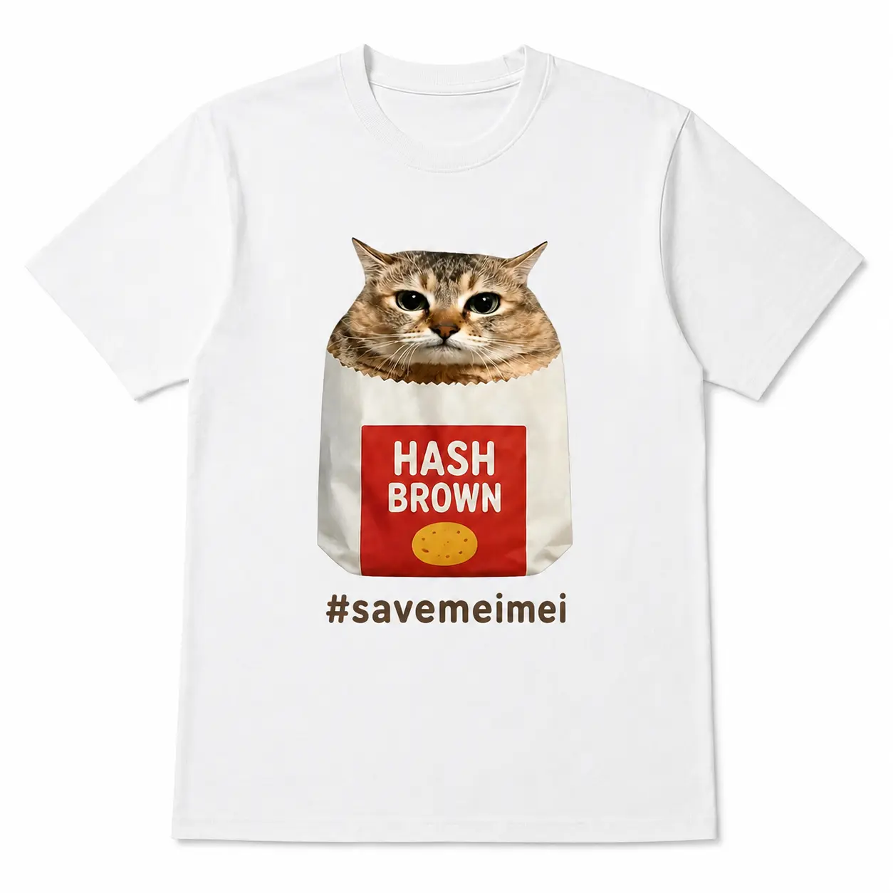 Men's # savemeimei Mei Mei Cat Hash Brown Meme Graphic Short Sleeve T-Shirt