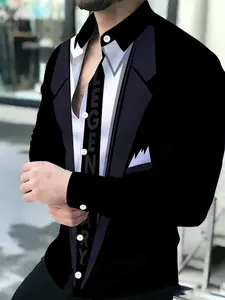 Men's Breathable Turn-Down Collar Long Sleeve Faux Tuxedo Cardigan Menswear