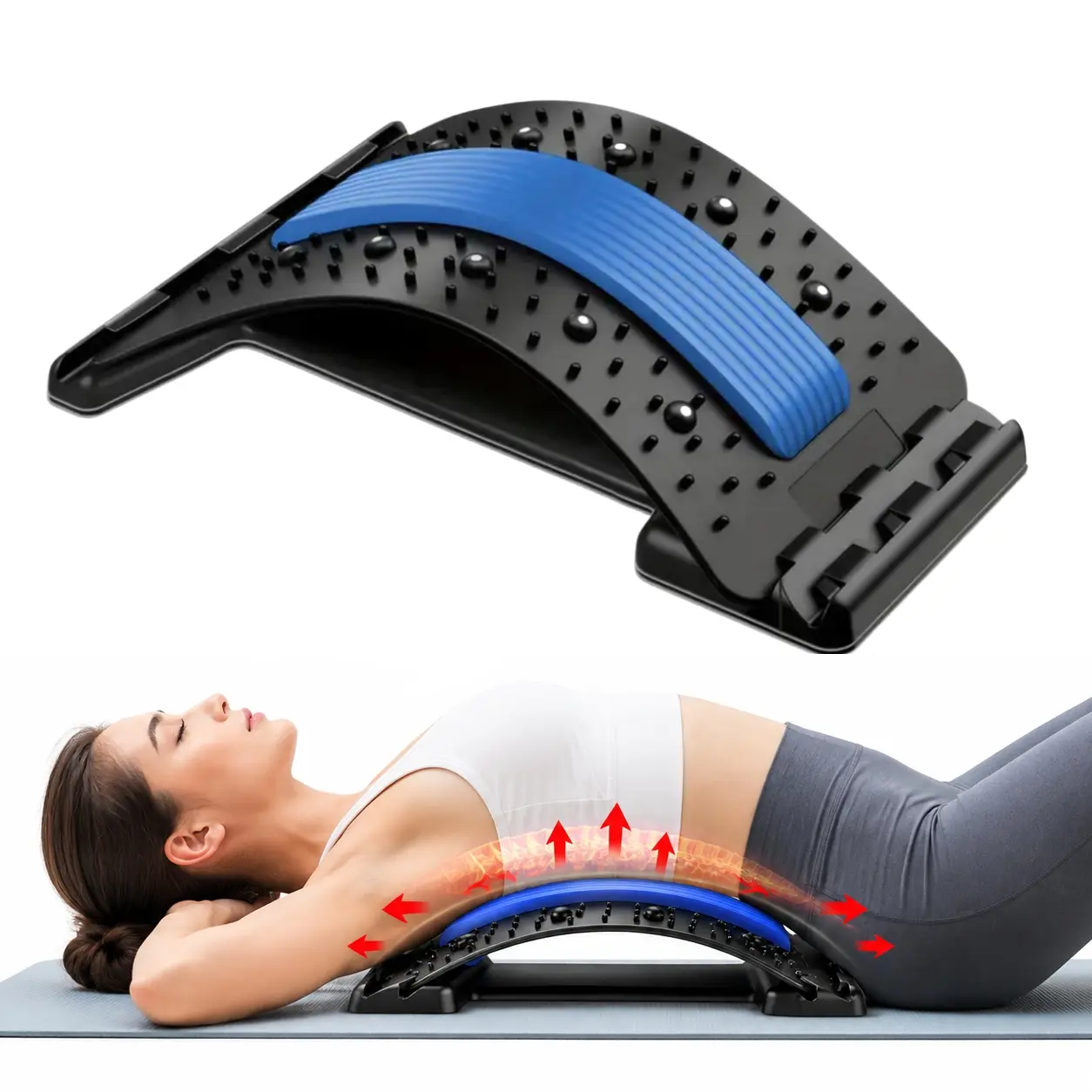 Back Stretcher for Lower Back Pain Relief, 3-Level Adjustable Lumbar Spine Deck with Massage Points, Posture Corrector & Spine Decompression Traction Device