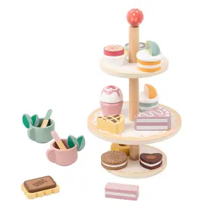 Wooden Cake Stand Toy Set, 19pcs/set Mixed Color Dessert Food Toy Set, Pretend Play Kitchen Accessories for Kids, Ideal Gift for 3-6 Years Old