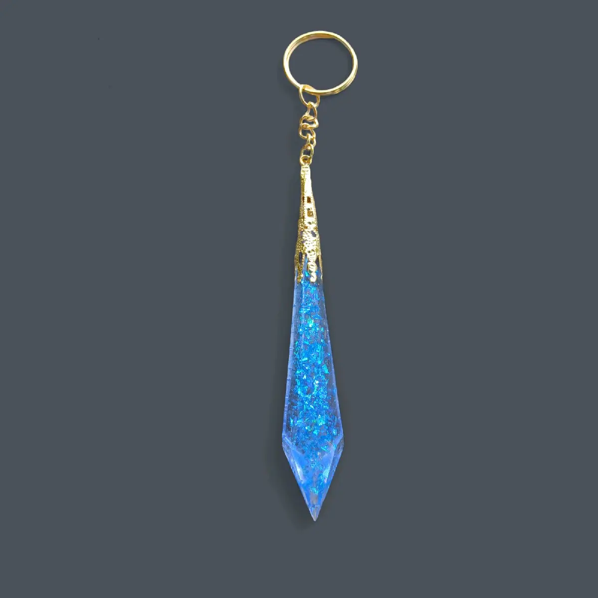 Iridescent Blue Resin Crystal Keychain With gold Colored Casing