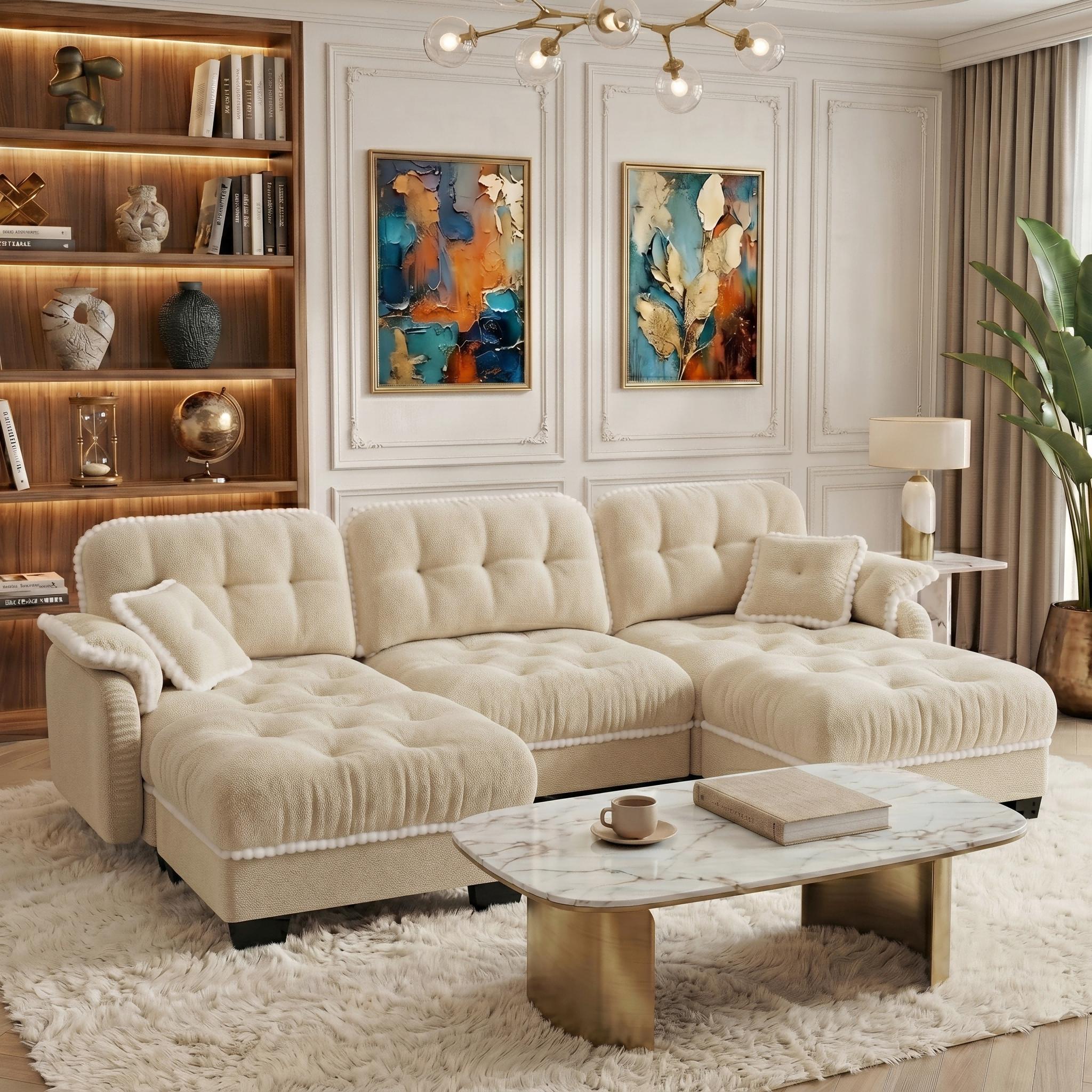 Eyisean 100.7in Chenille Modern Modular Sectional Sofa Furniture - 3-Seater U-Shaped Comfy Couch with Fixed Arms, Armrest Pillow, Back Cushion, 2 Movable Ottomans, Pom-Pom Trim Quilted Tufted Deep Seat, Ergonomic for Living Room Decor, Small Spaces, Ottom
