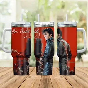 Elvis Presley 40oz Insulated Tumbler With Handle & Straw, Vintage Rock N Roll King Of Rock Music Fan Gift, 1968 Comeback Special Leather Jacket Stainless Steel Travel Mug, Retro Singer Signature Graphic Cup For Men Women