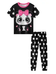 Kids Cute Summer Pajamas Set for Girls 1-8 Years, Premium Soft Sleepwear, Short Sleeve and Long Pants, Milk Silk Fire Retardant Fabric, Random Panda Polka Dot Print, Print Sleepwear, Sleepwear Outfits