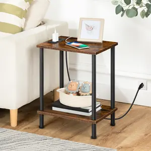 HOOBRO Side/End Table with Charging Station, USB Ports and Outlet, Nightstand with 2-Layer Storage Shelves for Small Spaces, Living Room, Bedroom, Stable Frame, Rustic Brown #SummerVibes
