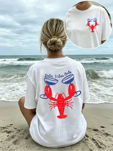 Womens Cotton Short Sleeve Graphic Tee Lobster Print Cute Summer Top Beach Vacation Outfit Soft Breathable Casual Crewneck T Shirt For Everyday Wear