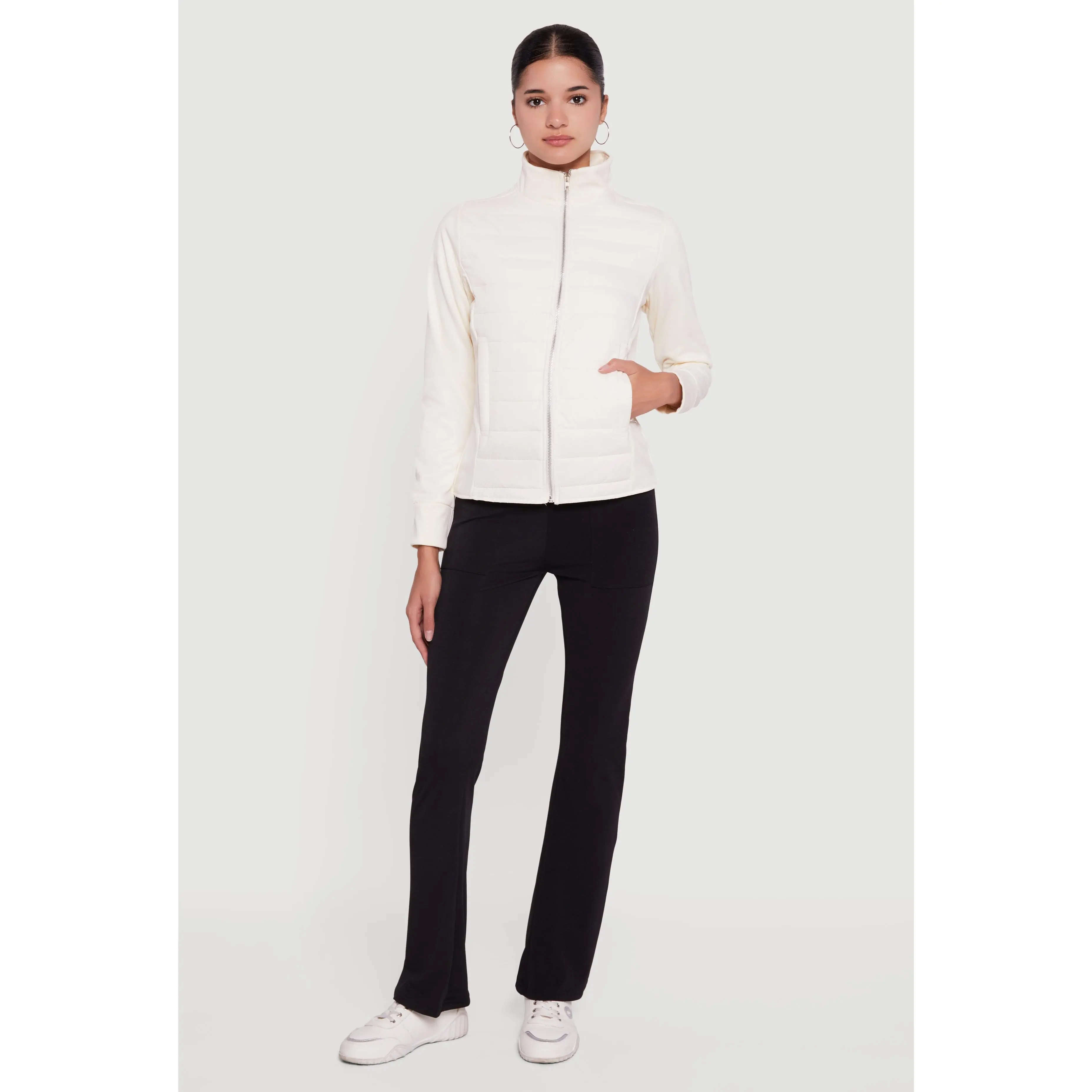 Fleece Lined Long Sleeve Hybrid Quilted Puffer Jacket