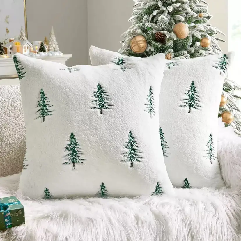 18x18 in Soft Plush Faux Fur Wool Christmas Pillow Covers (Set of 2) - Red Xmas Tree Print Home Decorative Cushions, Soft Cushions for Sofa, Living Room Holiday Decor, Home Decorative Cushion