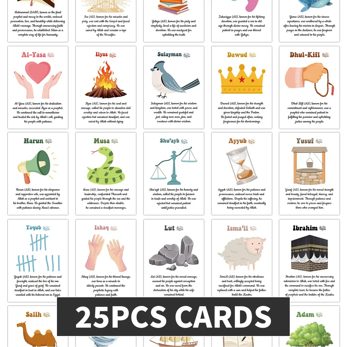 25pcs Islamic Prophet Flashcards with English, Visual Stimulation Cards, Islamic Figure with Illustrated Scenes, Educational Material for Home Schooling & Muslim Education, Gifts for Family, Friends for Collection or Worship During Ramadan and Eid