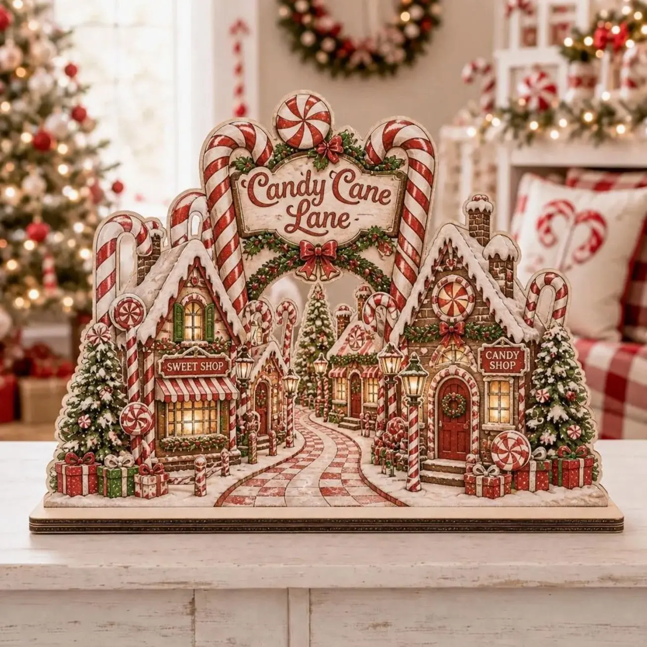 Personalized Candy Cane Christmas Village 2D Wooden Block, Peppermint Holiday Shelf Sitter, Gingerbread Mantel Table Decor