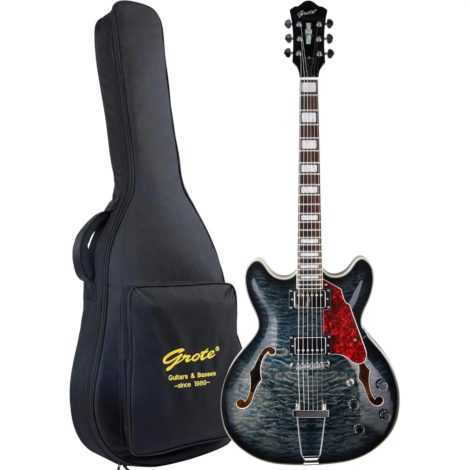 GROTE Jazz Semi-Hollow Body Electric Guitar with Trapeze Tailpiece Bridge, Basswood Construction, Gig Bag for Beginners, 3.45 kg, 42.13 x 16.14 x 1.81 in (Ideal for Gigs), Guitar Bag