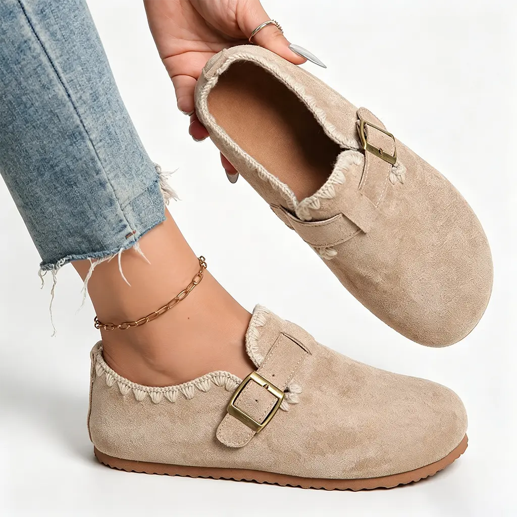 Women's Casual Soft Synthetic Bohemian Faux Suede Flats - Slip-On Loafers with Crochet Braid Trim, Round Toe, Adjustable Buckle, Comfortable Shoe Footwear, Classic, Design, Adjustable Strap, Boho Flat, Padded Cushion, Crochet Trim, Elegant