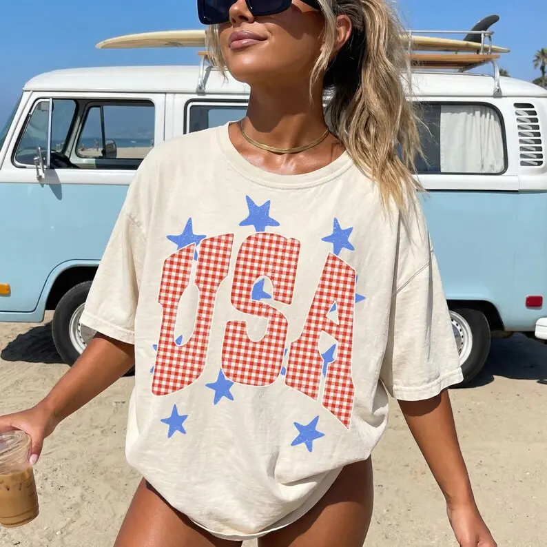 Comfort Colors Oversized Patriotic Gingham Tee, Retro America 250 Years Graphic, Preppy Coastal 4th of July Americana T-Shirt，Coastal Granddaughter Summer Boat Cruise Top