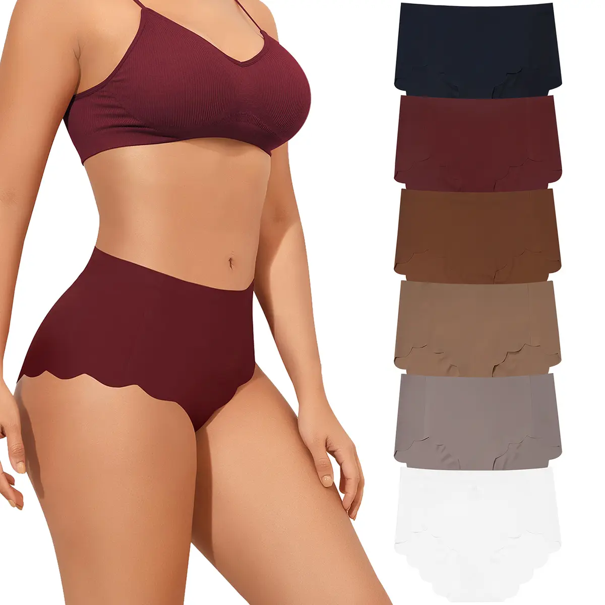 LEVAO High Waisted Seamless Underwear for Women Full Coverage No-Show Bikini Wave Edge Underwear Ice Silk Panties 6 Packs