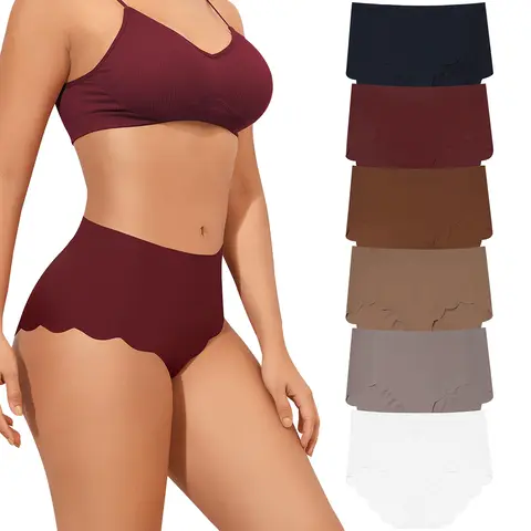 LEVAO High Waisted Seamless Underwear for Women Full Coverage No-Show Bikini Wave Edge Underwear Ice Silk Panties 6 Packs,sohochic