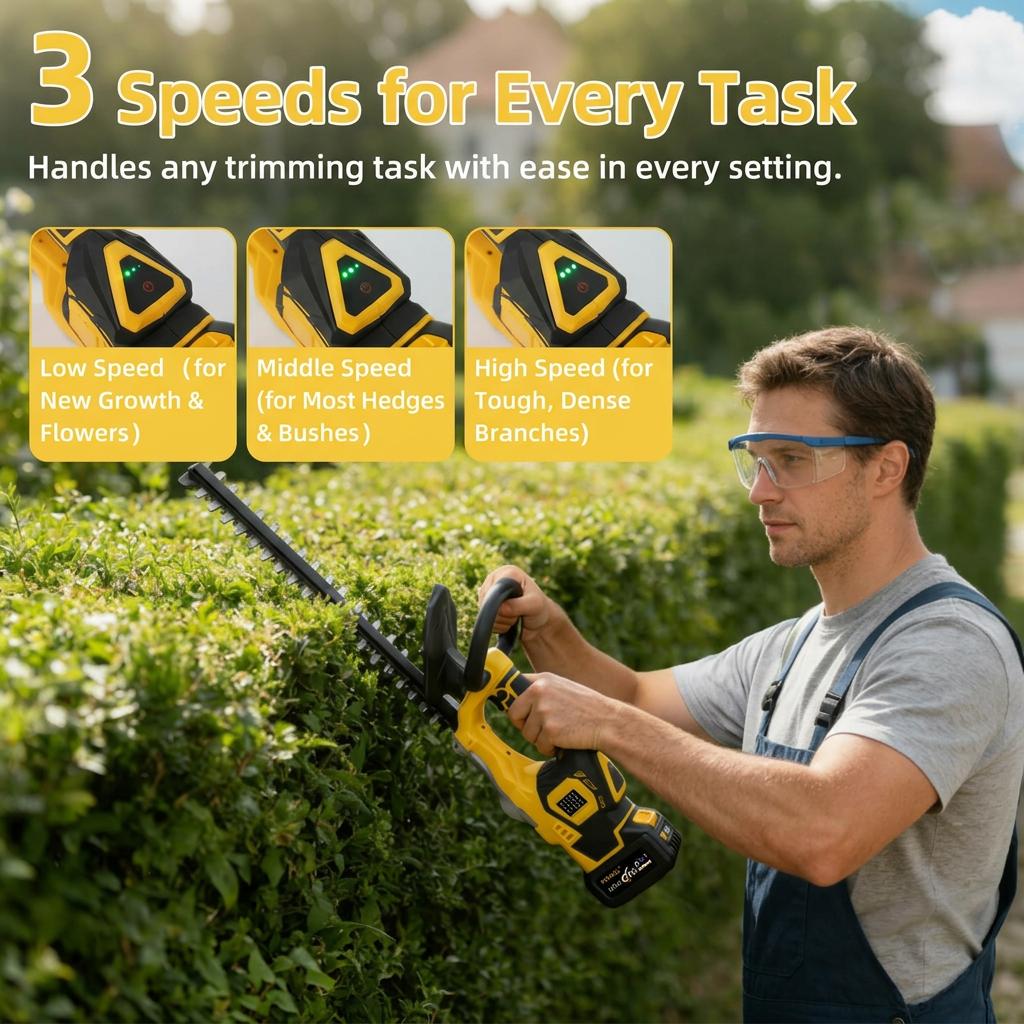 21V Power Cordless Electric Hedge Trimmer - Cordless Trimmer with Dual Safety Locks, Low Vibration, 3 Power Modes, 4.4 lbs Lightweight, 22000 RPM, Easy Maintenance, Splash Guard, Fast Charger - For Hedge, Shrub Pruning in Courtyards, Gardens