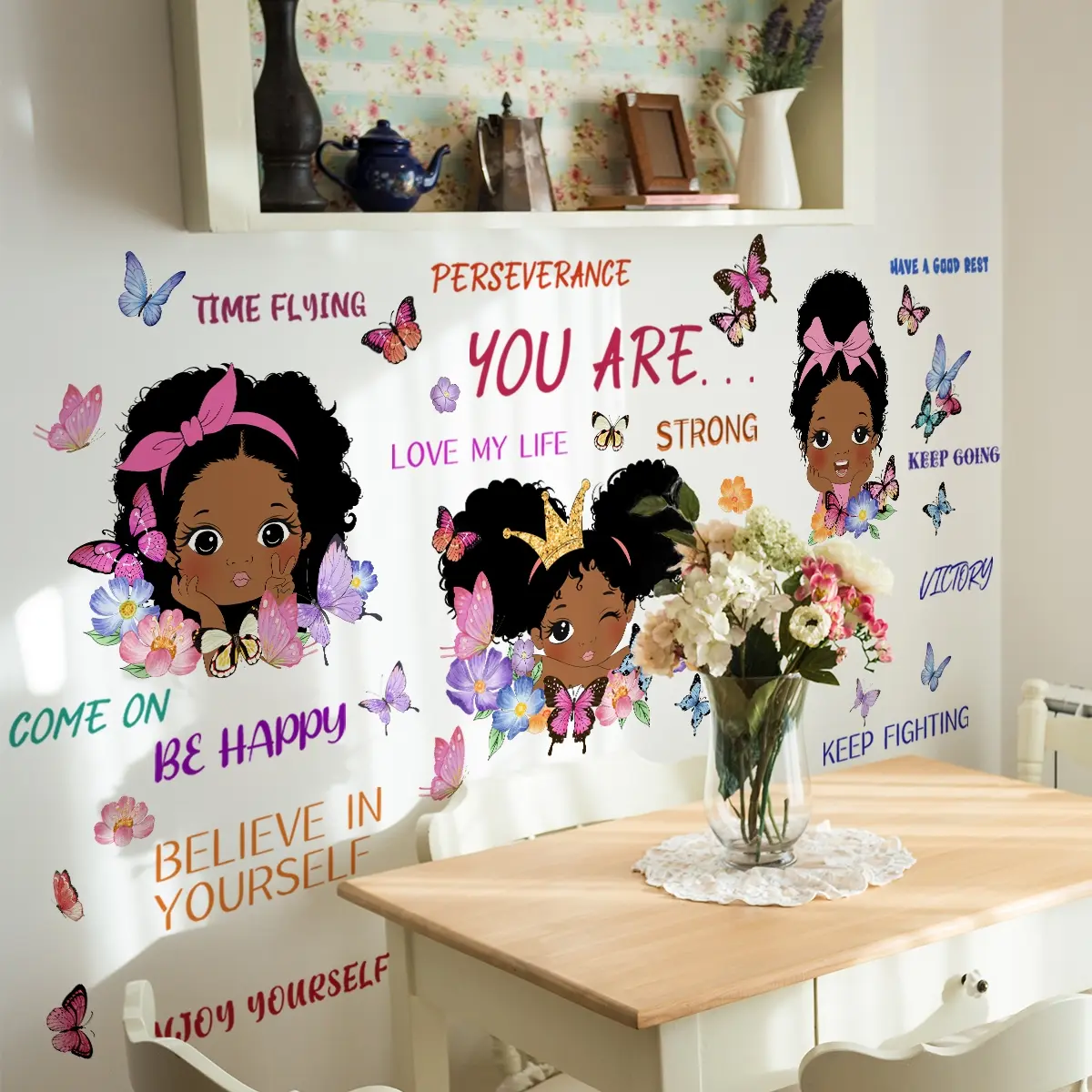 A set of two butterfly girl English creative wall stickers for bedroom and living room background walls, home decoration stickers, Wall Art Stickers, Decorative Stickers, self-adhesive Decoration Items M17001-YK