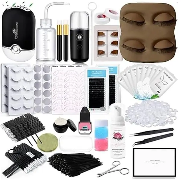 Lash Extension Practice Kit - Makeup Training Set with Mannequin Head, Removable Eyelids, Eyelash Glue, Hydrating Facial Mister, Reusable Tools, USB Fan for Lash Curing & Beginner Makeup Artists, Complete Makeup Training Set