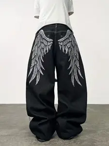 UP.THE Menswear Men's Stylish Angel Wing Embroidered Loose Baggy Plain Black Y2K Streetwear Wide-Leg Oversized Denim Jeans, Fashion Hip Hop Casual Trousers