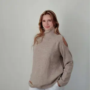 Beige Long Neck 30% Cashmere and 70% Wool Sweater