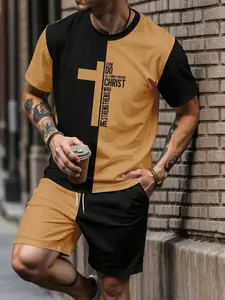 Men's Summer Letter & Cross Patchwork Print Short Sleeve T-Shirt and Shorts Set, Casual Fitted Above the Knee Suit, 2 Piece