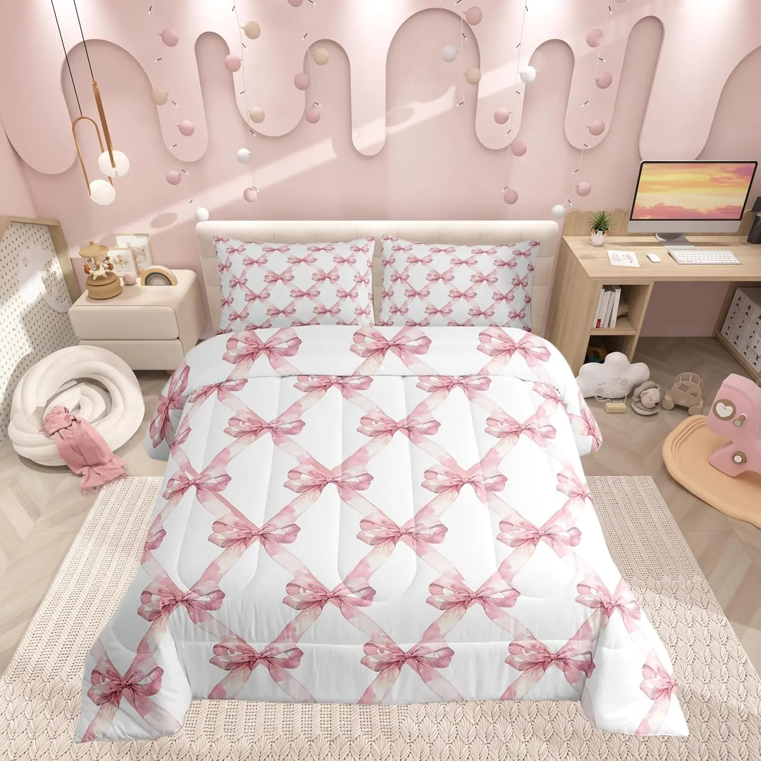 Feelyou Queen Size Microfiber Comforter Set - Princess-Themed Bedding for Kids Girls, Breathable Soft Blanket with Watercolor Bow, White Geometric Grids, Microfiber Fabric