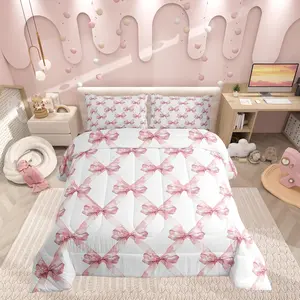 Feelyou Queen Size Microfiber Comforter Set - Princess Look Kids Girls Bedding, Breathable Soft Blanket with Watercolor Bow & White Geometric Grids, Microfiber Cloth