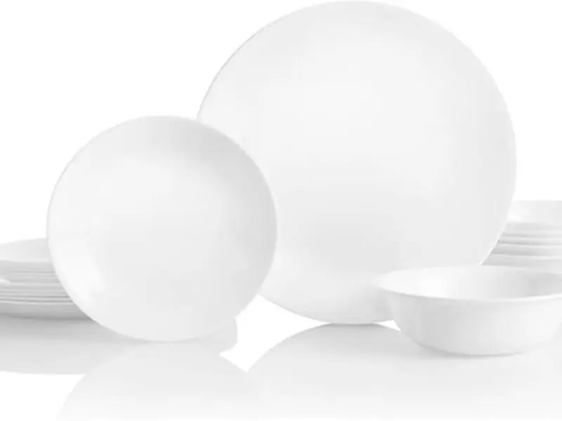 Corelle Vitrelle 18-Piece Service for 6 Dinnerware Set, Triple Layer Glass and Chip Resistant, Lightweight Round Plates and Bowls Set, Winter Frost White Ceramic Cutlery