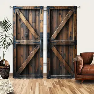 2pcs Window Curtains, Rustic dark brown wooden barn doors with bold X-braces and intricate black metal hardware. Rich wood grain and knots add to its classic, sturdy appeal.Window Drapes for Bedroom Living Room, Rod Pocket Window Treatment