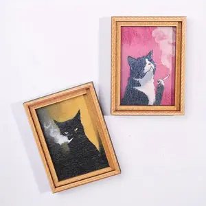 Mini Magnetic Cat Framed Art (Smoking Cat Design) - Cute Small Picture Frame for Home & Fridge Decor - Stylish Cat-Themed Mini Art for Room Styling - Versatile Decor Frame for Daily Use