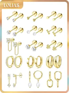 LOLIAS Flat Back Earrings Stack for Women Hypoallergenic Surgical Steel Earrings for Sensitive Ears-20G Cartilage Earring Stacks Gold Hoops Flatback Stud Earring Sets for Multiple Piercing