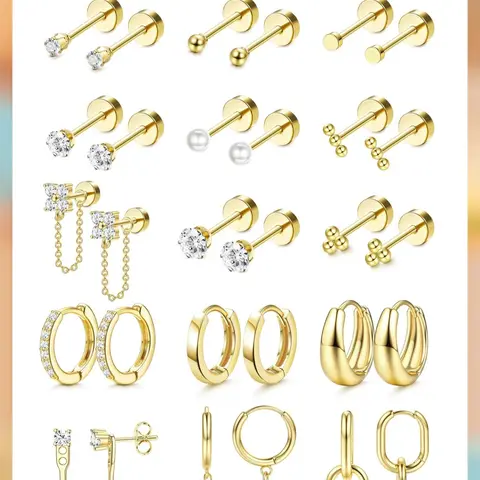 LOLIAS Women's 15-Pair 20G Gold Plated Surgical Steel Earring Stack Set - Hoops, Studs, Dangles, Comfy 10mm Hypoallergenic Tarnish Proof Flat Backs for Sensitive Ears, Jewelry for Women, Accessories for Women, Gifts