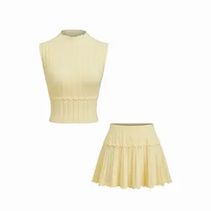 Cider Knit High Neck Lettuce Trim Top & Low Rise Mini Skirt Set