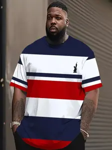 Men's Oversized Striped T-Shirt, Bold Geometric Design, Polyester, Casual Loose Fit Short Sleeve Top for All Seasons