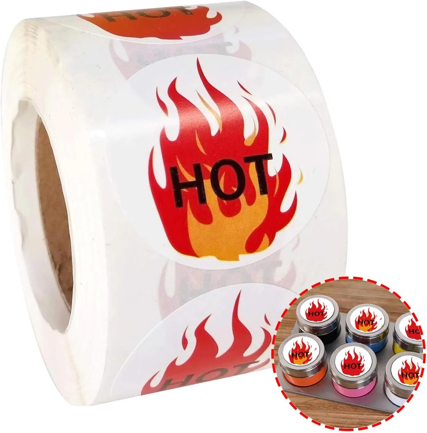 1.5 Inch Round Hot Stickers Fluorescent Red Flame Stickers Hot Labels  HOT Imprint Flame Labels 500/Roll