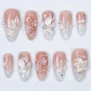 Chic Nail Studio Elegant Bloom Press-On Nails, 3D White Flowers, Glitter Ombre Tips, Custom Press-On Nail, Bridal & Date Night,  For Valentines Day
