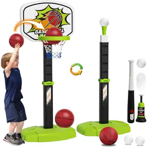 3 in 1 Toddler Basketball Hoop and Tee Ball Set for Boys: Kids Baseball Tee with Automatic Pitching Machine Adjustable Height Indoor and Outdoor Sports Toys Christmas Birthday Gifts for Boy Age 3-12