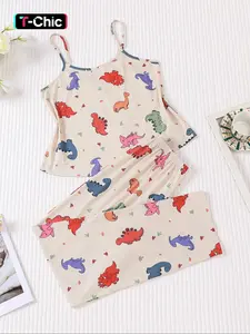 2 pieces of women's new small Cute dinosaur printed sexy Fitted camisole vest, pants, pajamas set Nightwear Loungewear Homewear suitable for comfortable and casual home wear in all seasons