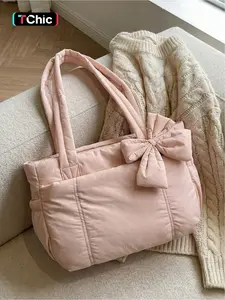 Pink Quilted Bow Tote Bag, Casual Lightweight Shoulder Bag, Casual Commuter Bag, Suitable for Commuting, Shopping, Leisure Outings, Everyday Accessories, Handbag Shoulder Bag