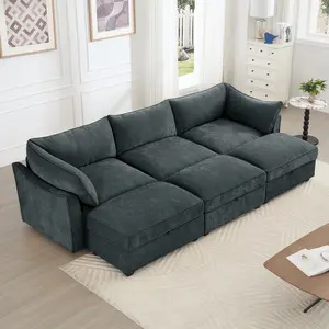Modern 3 Seater Sofa With 3 Ottomans Wide Deep Seat 3 Seat Home Theater Sleeper Sofa for Living Room Modular Sectional Sofa with Storage Pull Out Drawer Under Each Seat