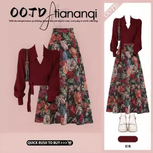 Chic Women Spring Suit, Burgundy Soft Sweater Matching Floral Print Slim Half Skirt Two-piece Set