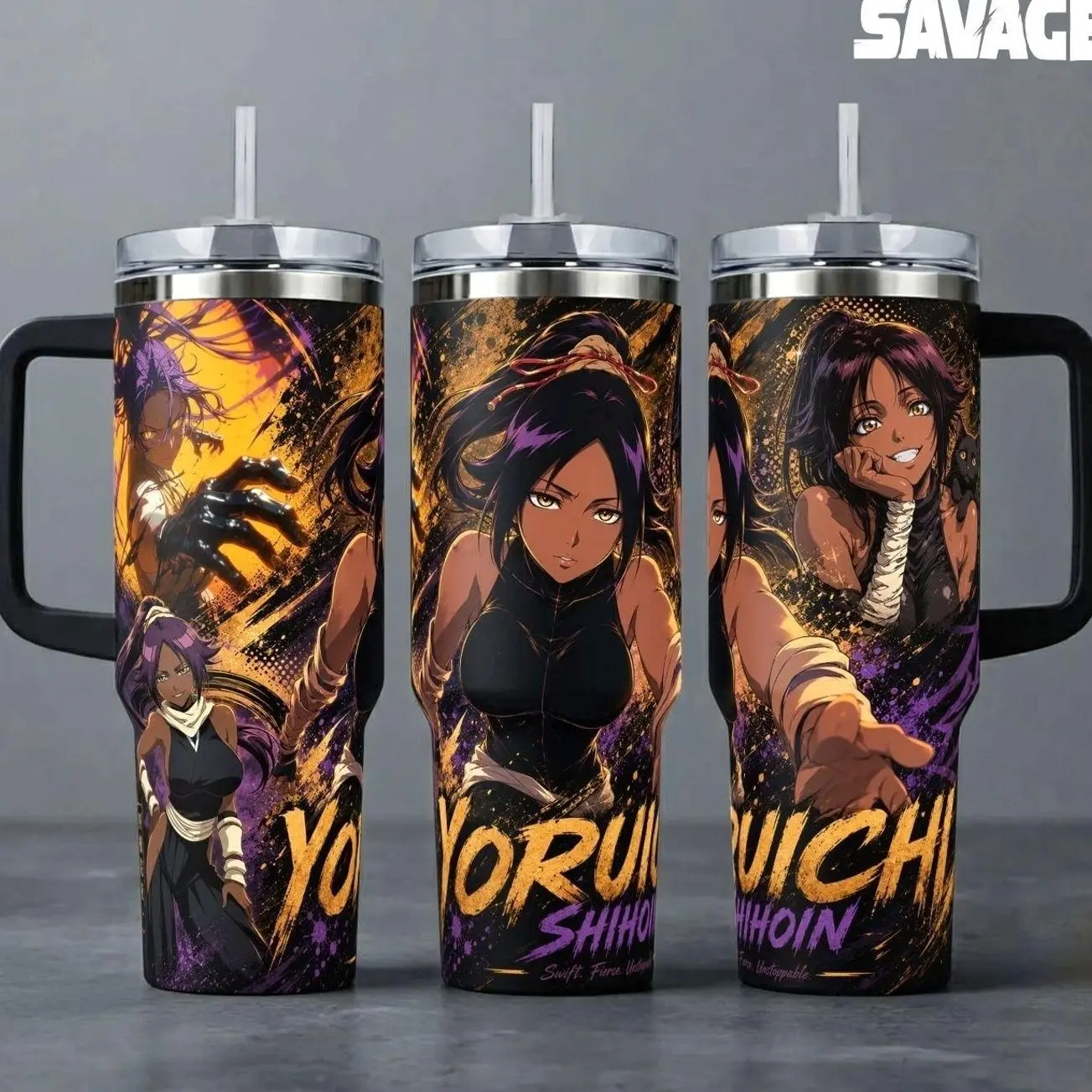 Yoruichi Bleach Anime Tumbler, 20oz & 40oz Insulated Travel Mug with Handle & Straw, Swift Goddess Art Cup, Shonen Manga Fan Merchandise