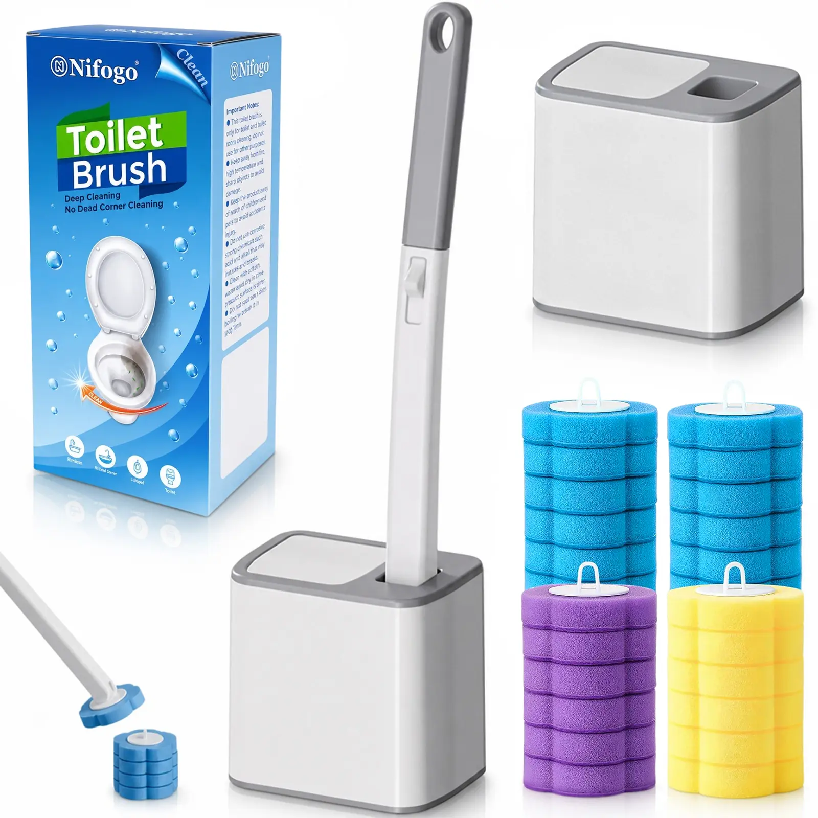 Nifogo Disposable Toilet Brush, Wall-Mount Holder & 24PCS Refills, Multipurpose Bathroom Cleaner, Durable Scrub Tool, For Toilet Sink Bathtub Urinal