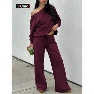 Women Off the Shoulder Long Sleeve Jumper & Pants 2 Piece Set Casual Fall Sweatsuit Outfits Jumper Suit