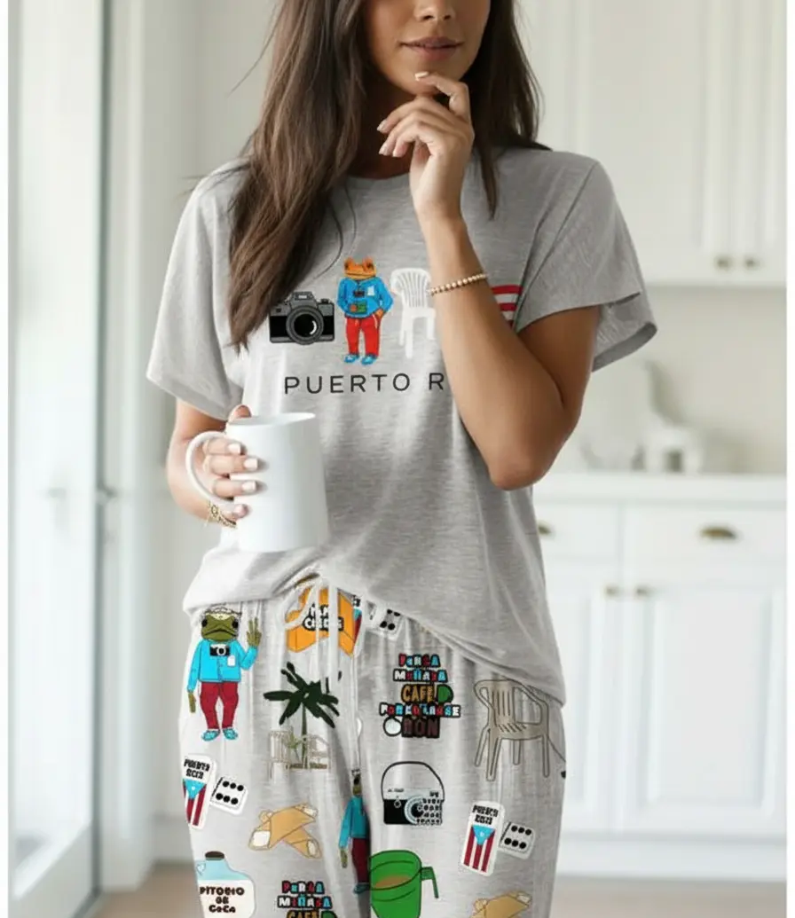 Women's 3-Piece Stretchy Graphic Short-Sleeve Pajama Set - Medium Stretch Spandex-Rayon Blend Fabric, Breathable, Elastic, Adjustable Fit, Drawstring, Pockets, True Size, Comfortable Everyday Casual Loungewear Nightwear (Top, Bottom), Machine Wash, 3XL