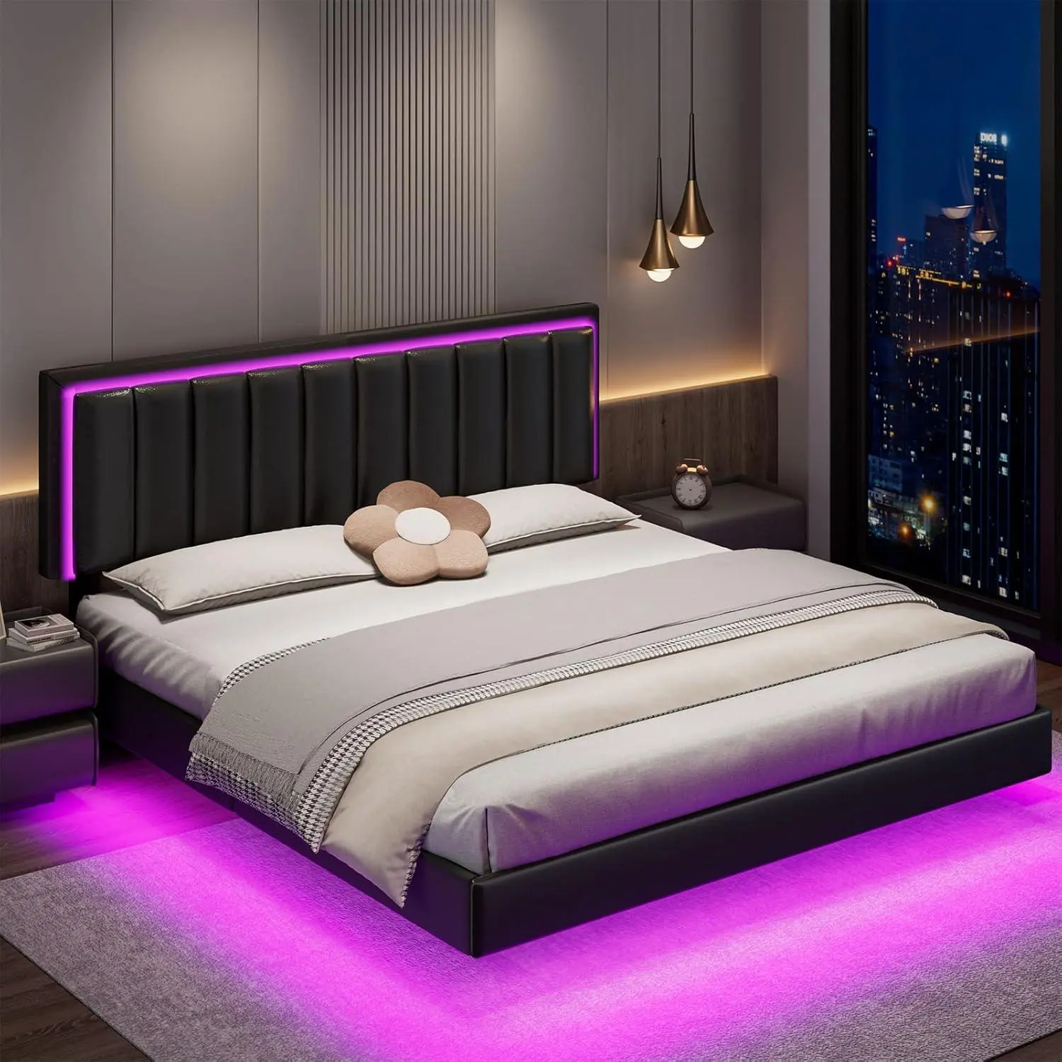 [SummerSale] HOMBCK Floating Bed Frame with LED Lights, No mattress, Solid Wood Slats Support, No Box Spring Needed, Noise-Free, Easy Assembly #home essentials#back to school Modern Floating Bed
