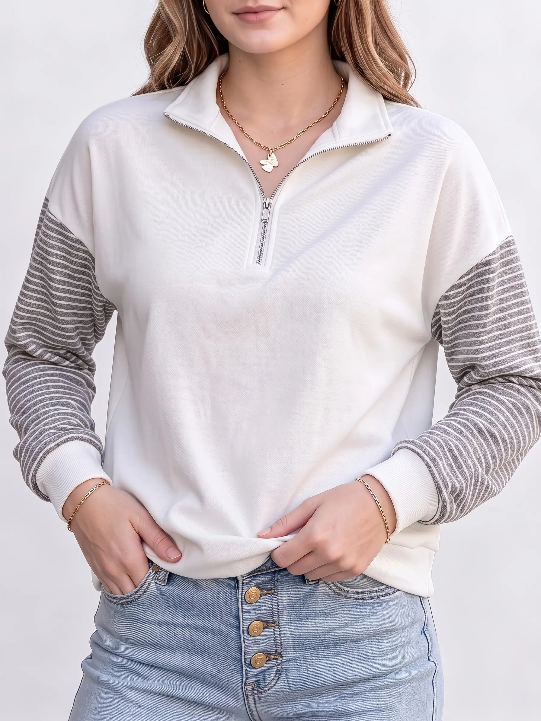 Shewin Women's Color Block Half Zip Sweatshirt Striped Raglan Long Sleeve Loose Everyday Casual Pullover