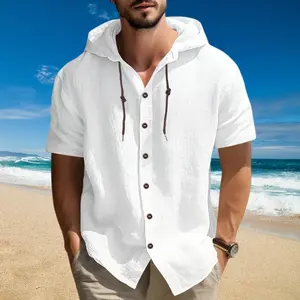 Men's Fashion Casual Beach Hooded Sleeve Fitted Cardigan, Breathable Lightweight Linen Shirt Tops, 95% Linen 5% Polyester, All Seasons Wear Beige